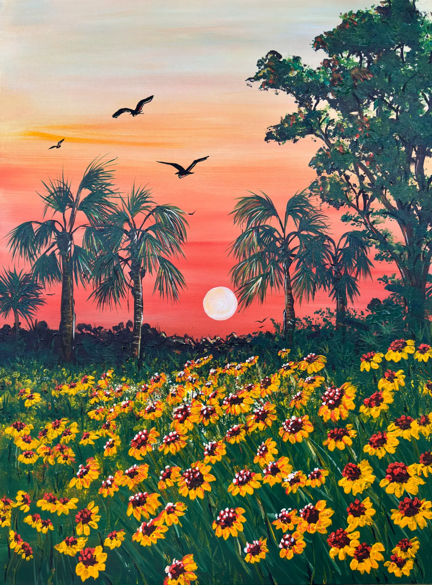 Painting of a coral sunset behind palm trees with birds in flight above a dense field of yellow and red wildflowers