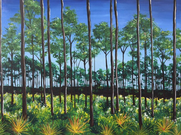 Painting of slender pine trunks against a blue sky above a flowering understory of yellow and white blooms