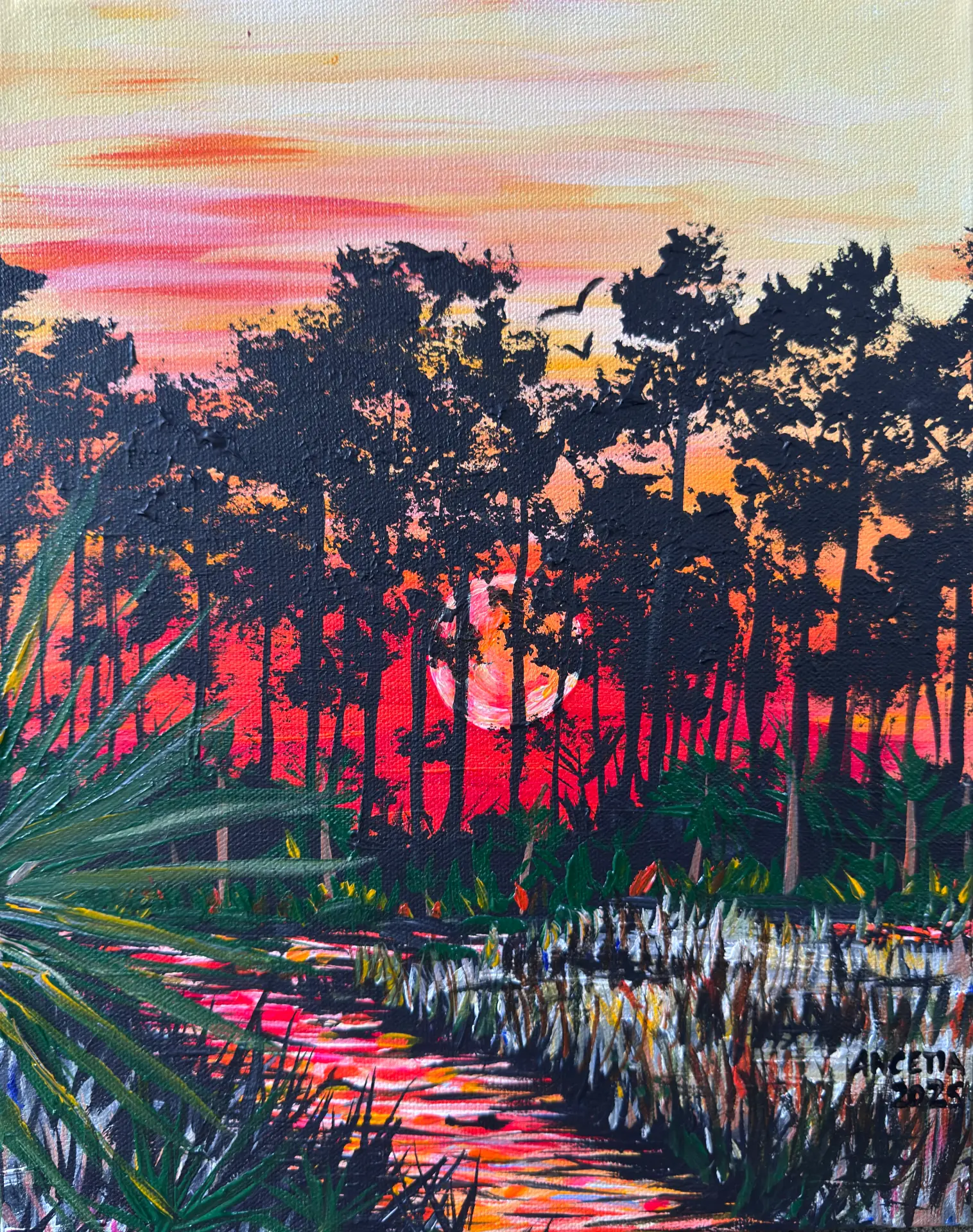 Painting of a vivid red-orange sunset behind dark pine silhouettes above palmetto fronds and reflecting water
