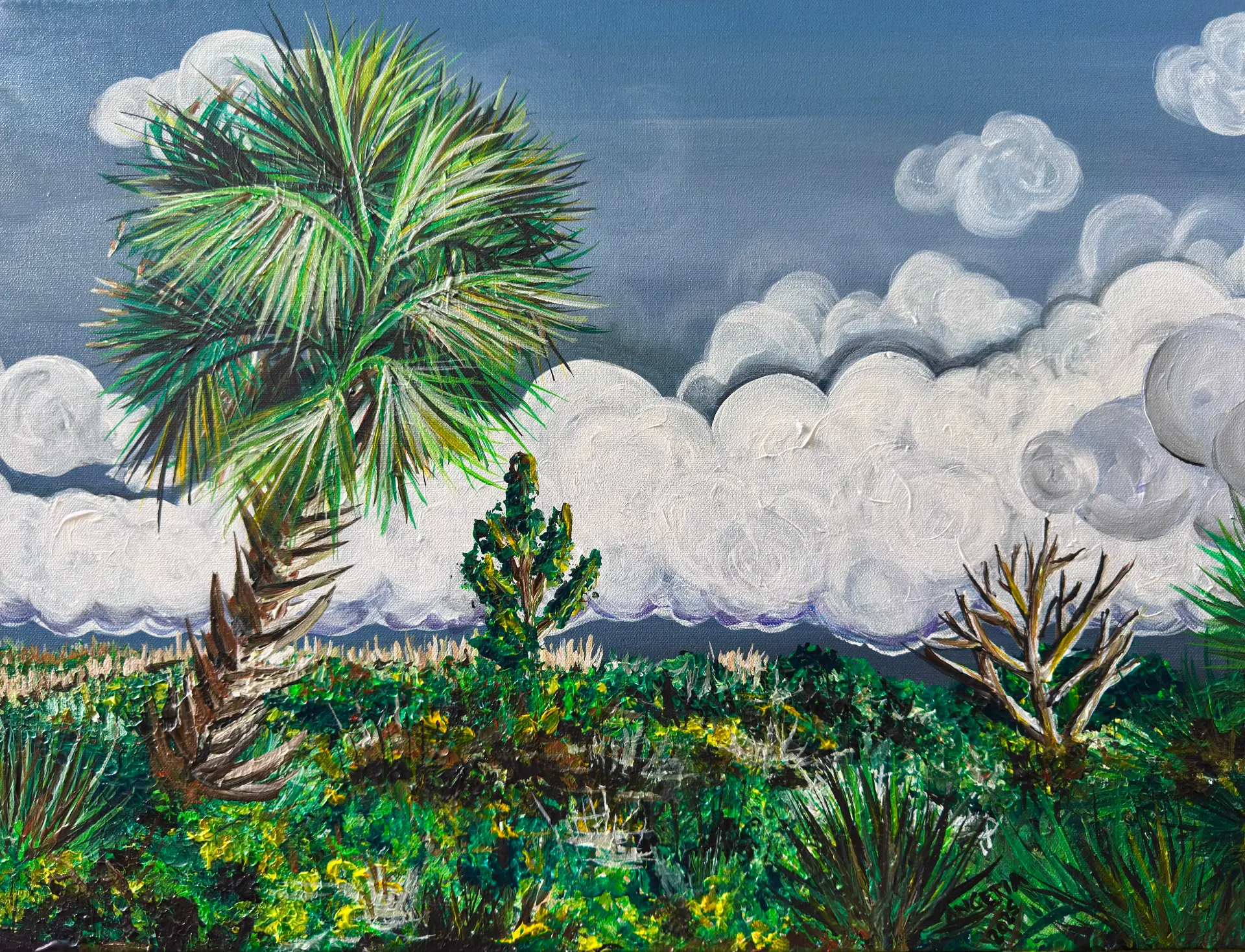 Painting of a cabbage palm against tall white sculptural clouds above green palmetto scrub